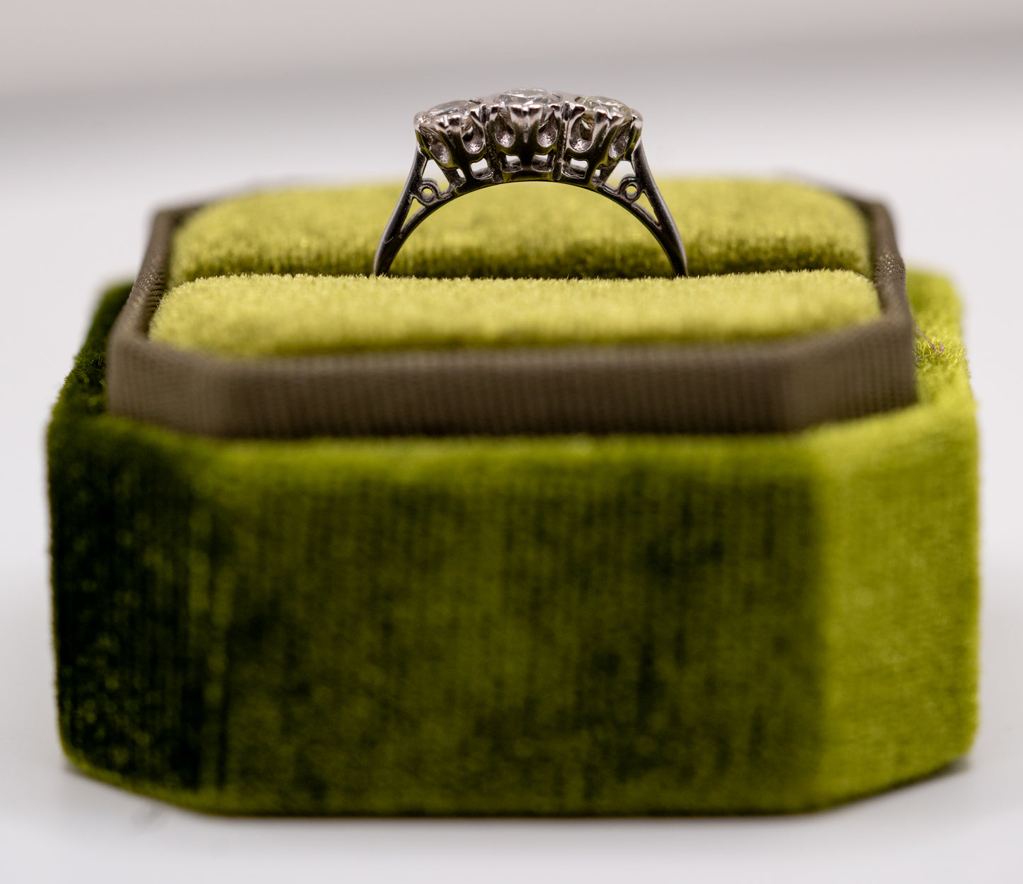 18k wg old cut diamond three stone band