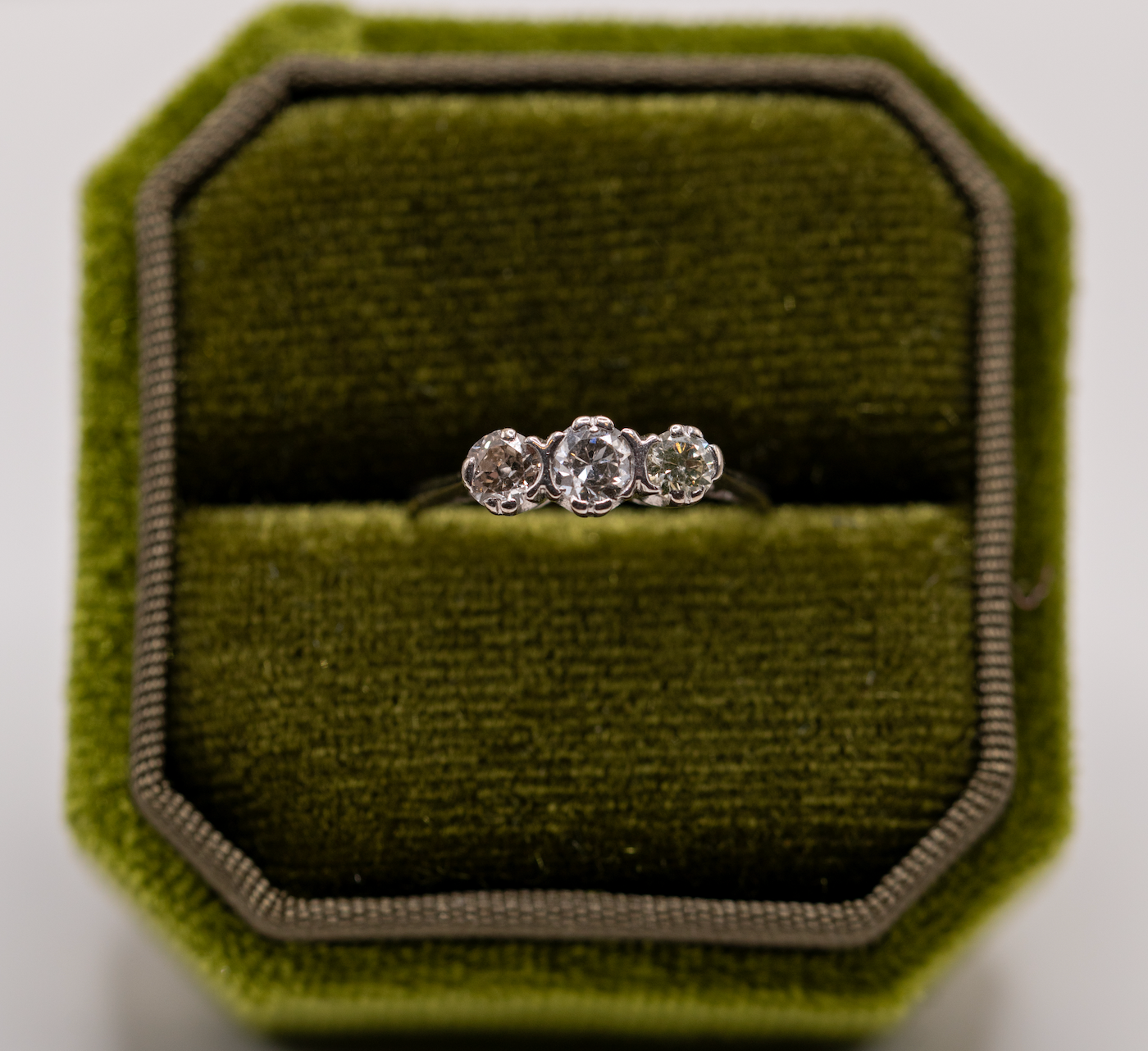18k wg old cut diamond three stone band